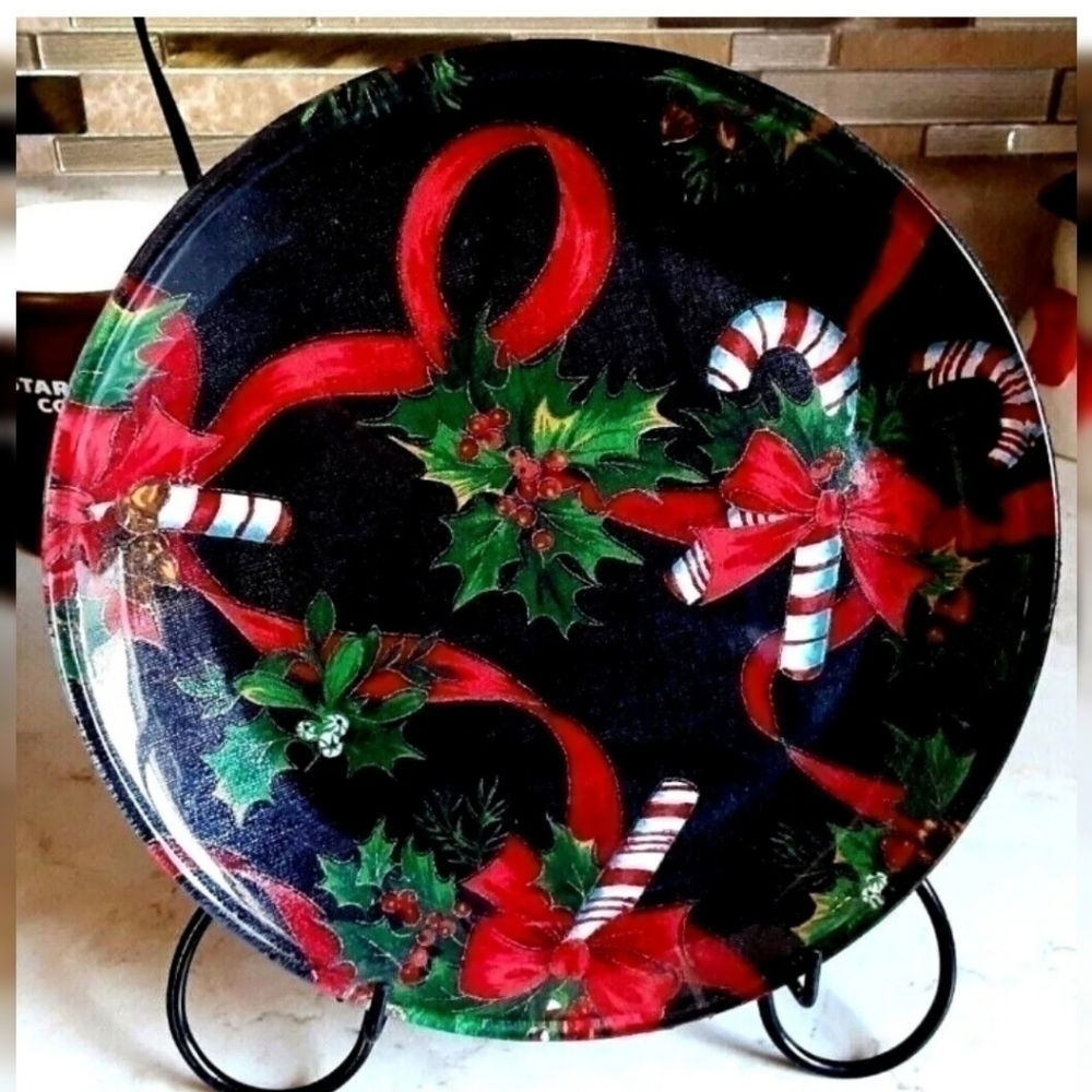 Christmas Decorative‎ handmade 8" plate Holly Ribbon & Candy Canes
